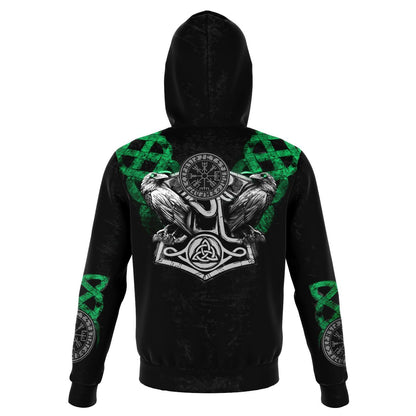 Viking Hoodie with Wolves and Ravens - Green