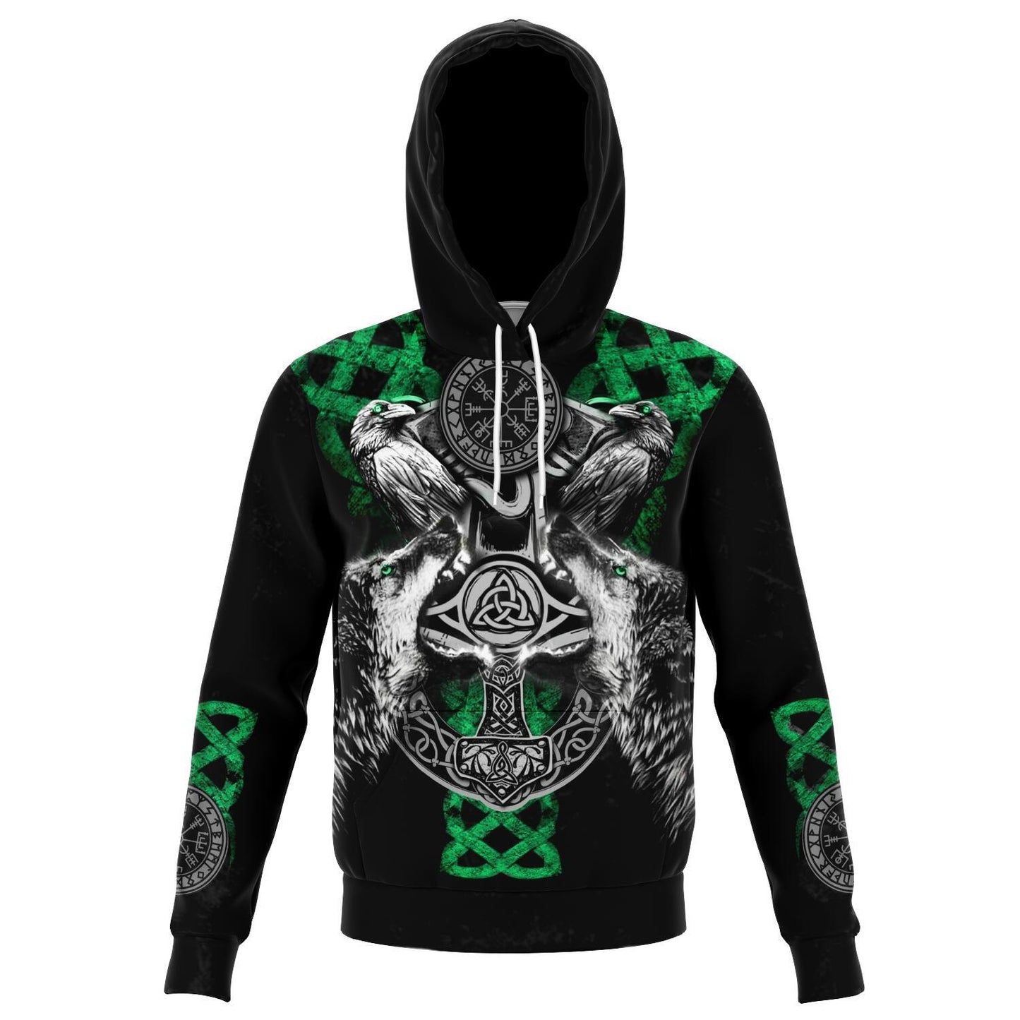 Viking Hoodie with Wolves and Ravens - Green