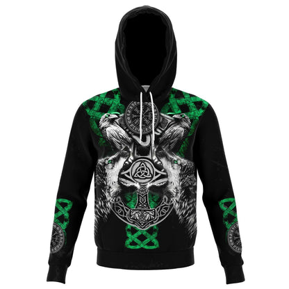Viking Hoodie with Wolves and Ravens - Green