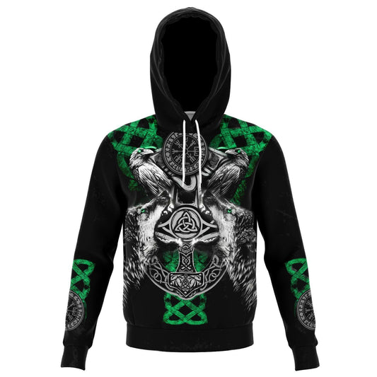 Viking Hoodie with Wolves and Ravens - Green