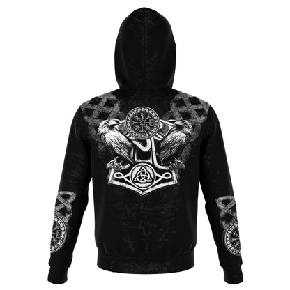 Viking Hoodie with Wolves and Ravens - Grey