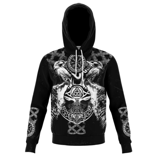 Viking Hoodie with Wolves and Ravens - Grey