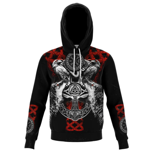 Viking Hoodie with Wolves and Ravens - Red