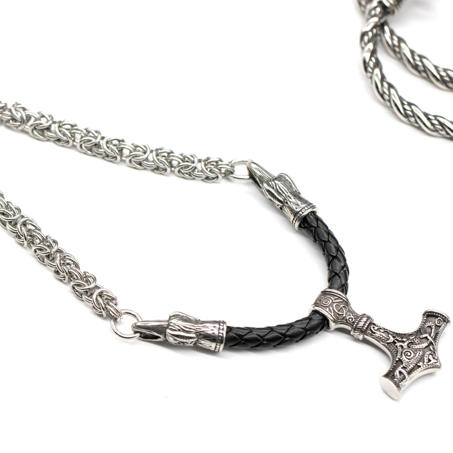 Viking Huginn & Munnin Head Necklace with Handmade Chain and Leather Part - VikingsBrand
