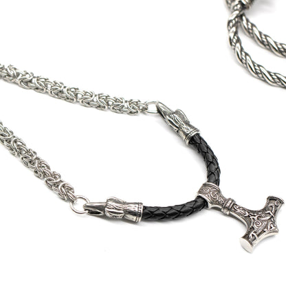 Viking Huginn & Munnin Head Necklace with Handmade Chain and Leather Part - VikingsBrand