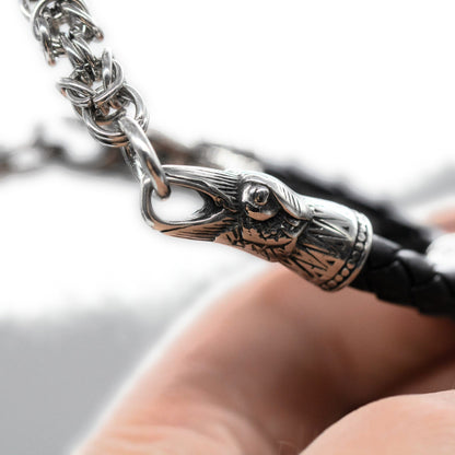 Viking Huginn & Munnin Head Necklace with Handmade Chain and Leather Part - VikingsBrand