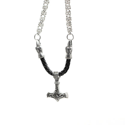 Viking Huginn & Munnin Head Necklace with Handmade Chain and Leather Part - VikingsBrand