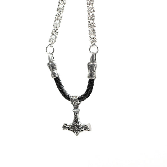 Viking Huginn & Munnin Head Necklace with Handmade Chain and Leather Part - VikingsBrand