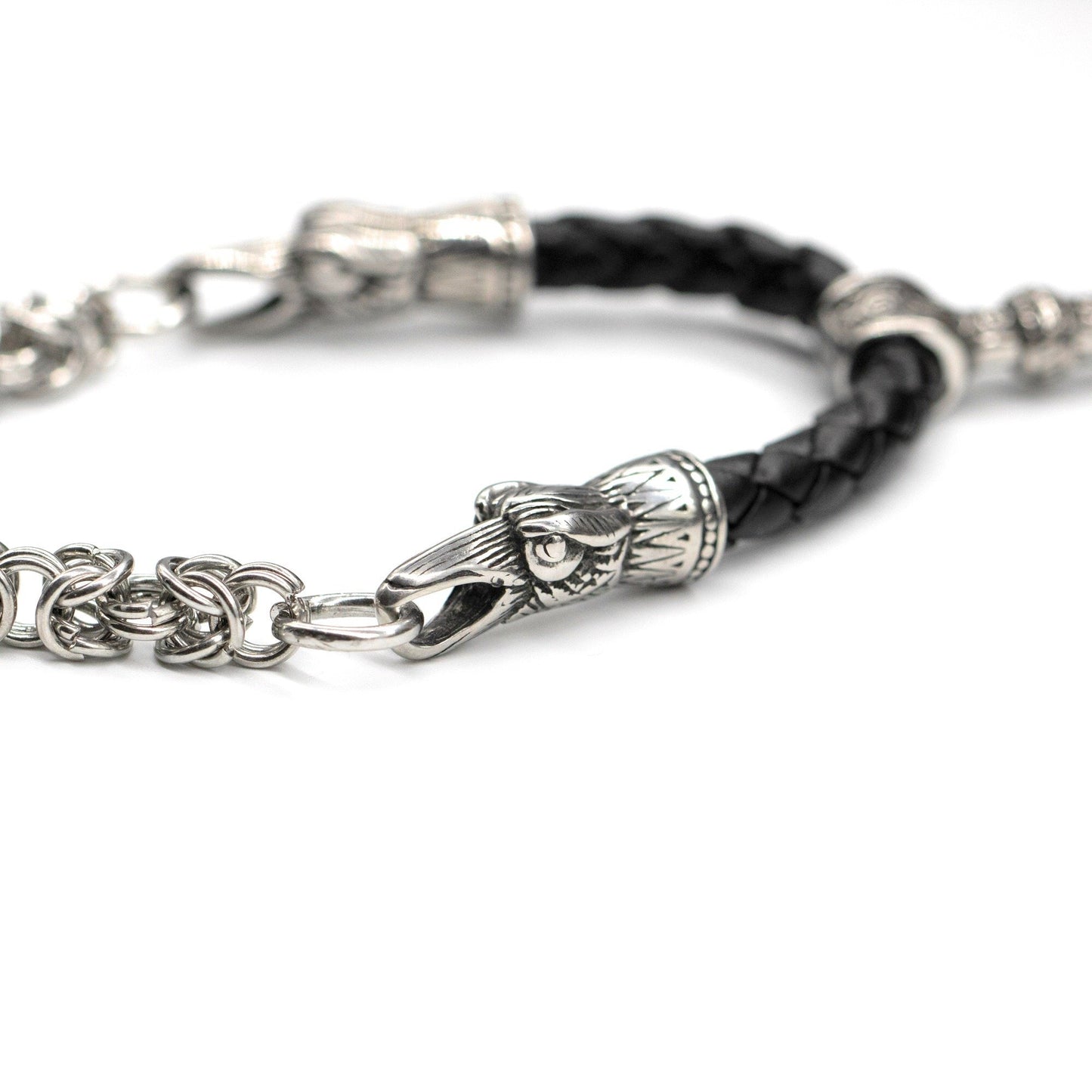 Viking Huginn & Munnin Head Necklace with Handmade Chain and Leather Part - VikingsBrand