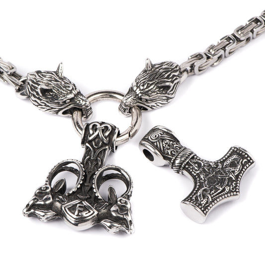 Viking King Chain Necklace with 2 Mjolnirs