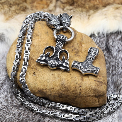 Viking King Chain Necklace with 2 Mjolnirs
