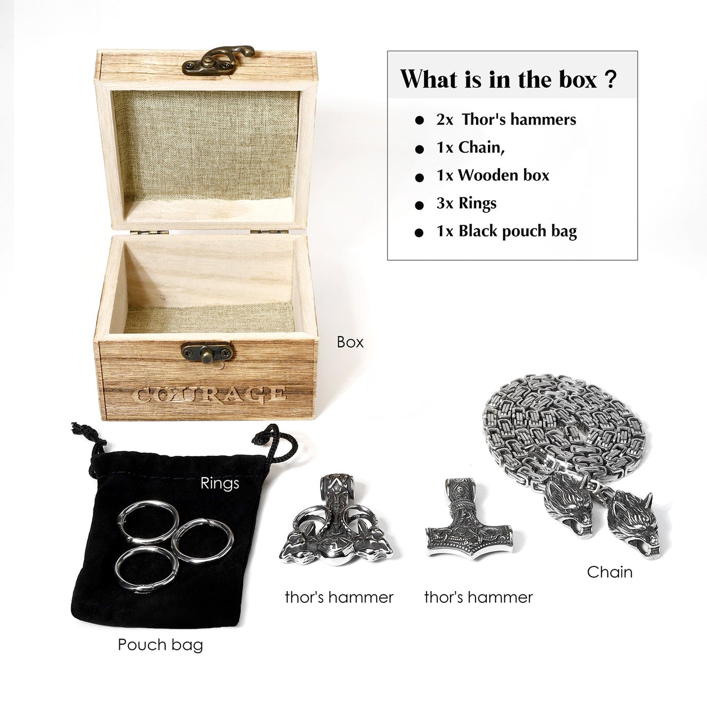 Viking King Chain Necklace with 2 Mjolnirs