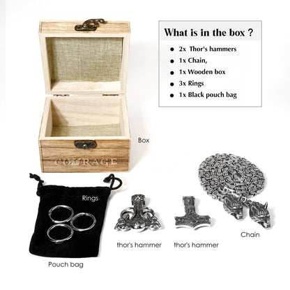 Viking King Chain Necklace with 2 Mjolnirs