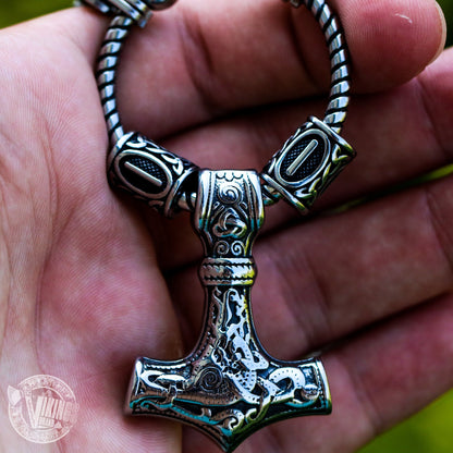 Viking King Chain Necklace with Mjolnir and Two Runic Beads - VikingsBrand
