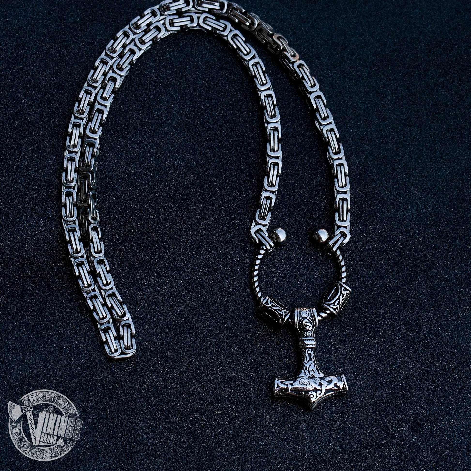 Viking King Chain Necklace with Mjolnir and Two Runic Beads - VikingsBrand