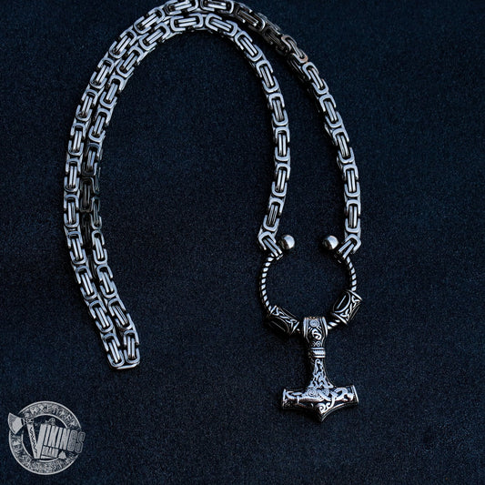 Viking King Chain Necklace with Mjolnir and Two Runic Beads - VikingsBrand