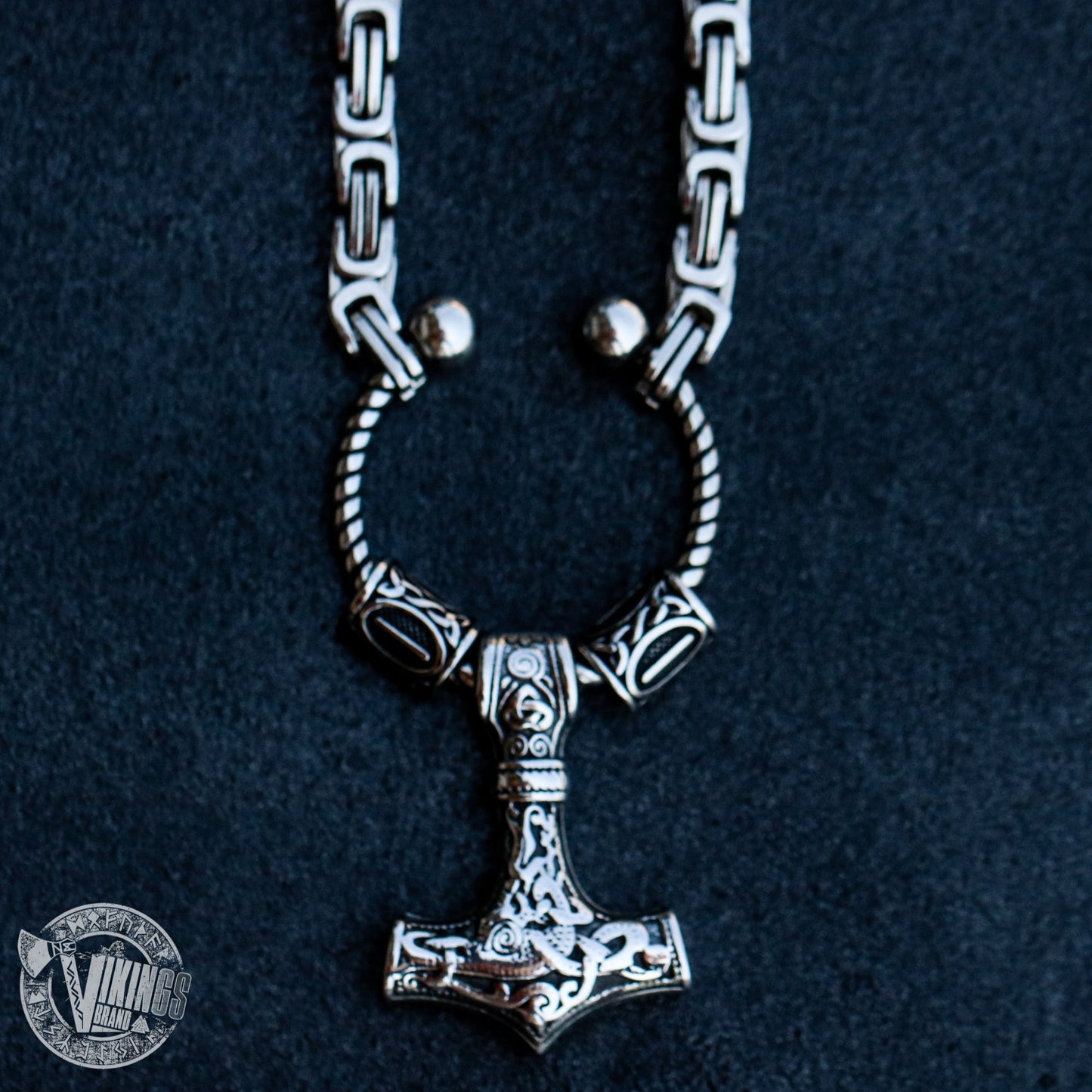 Viking King Chain Necklace with Mjolnir and Two Runic Beads - VikingsBrand
