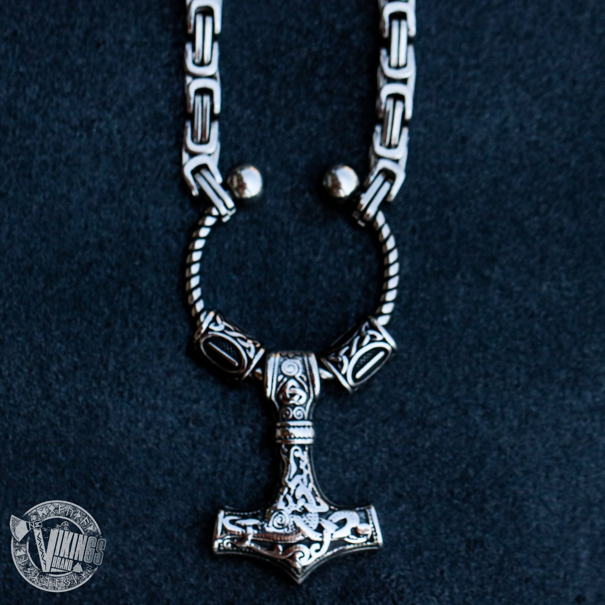 Viking King Chain Necklace with Mjolnir and Two Runic Beads - VikingsBrand