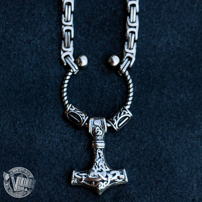 Viking King Chain Necklace with Mjolnir and Two Runic Beads - VikingsBrand