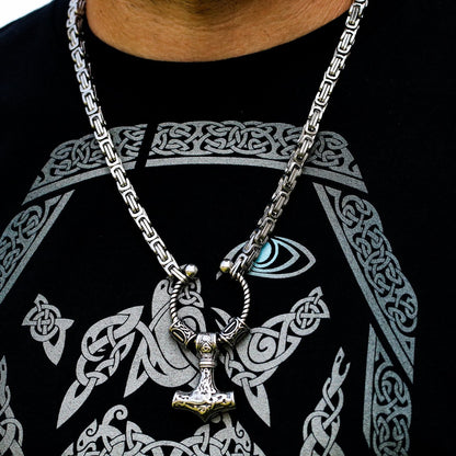 Viking King Chain Necklace with Mjolnir and Two Runic Beads - VikingsBrand