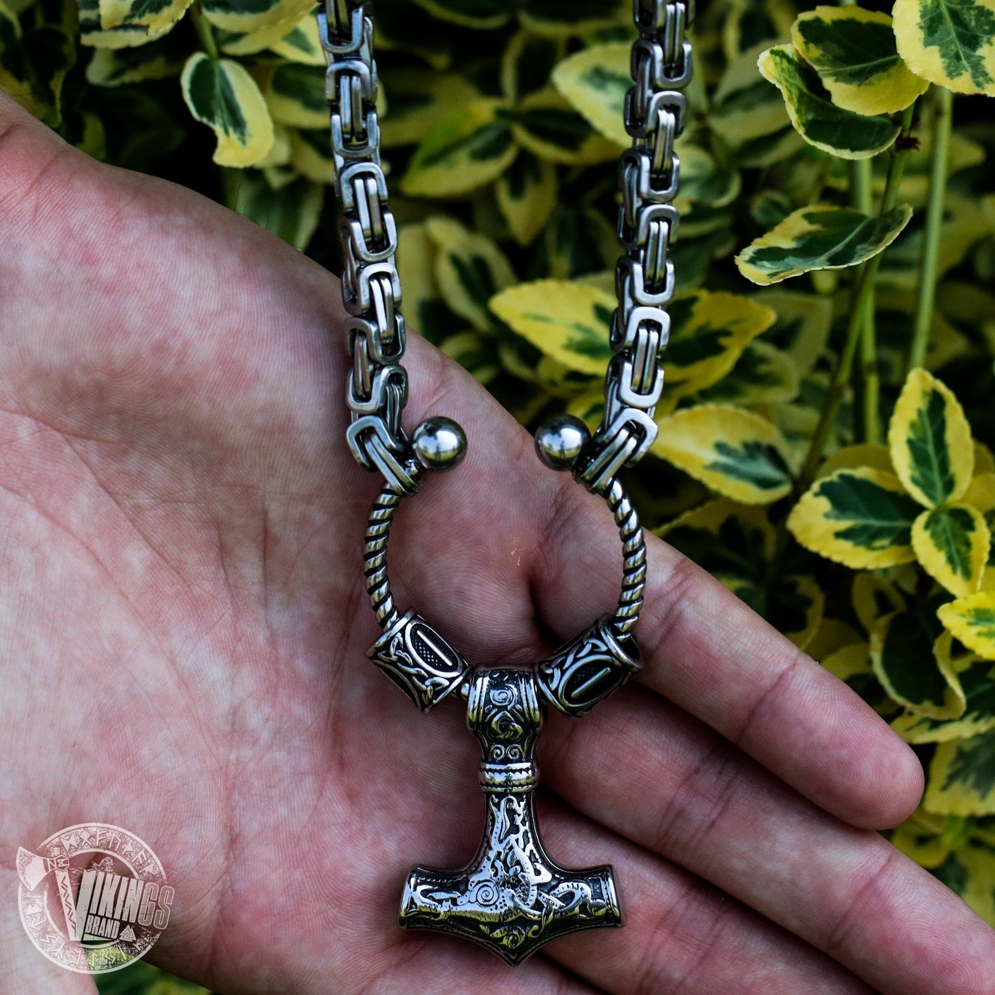 Viking King Chain Necklace with Mjolnir and Two Runic Beads - VikingsBrand