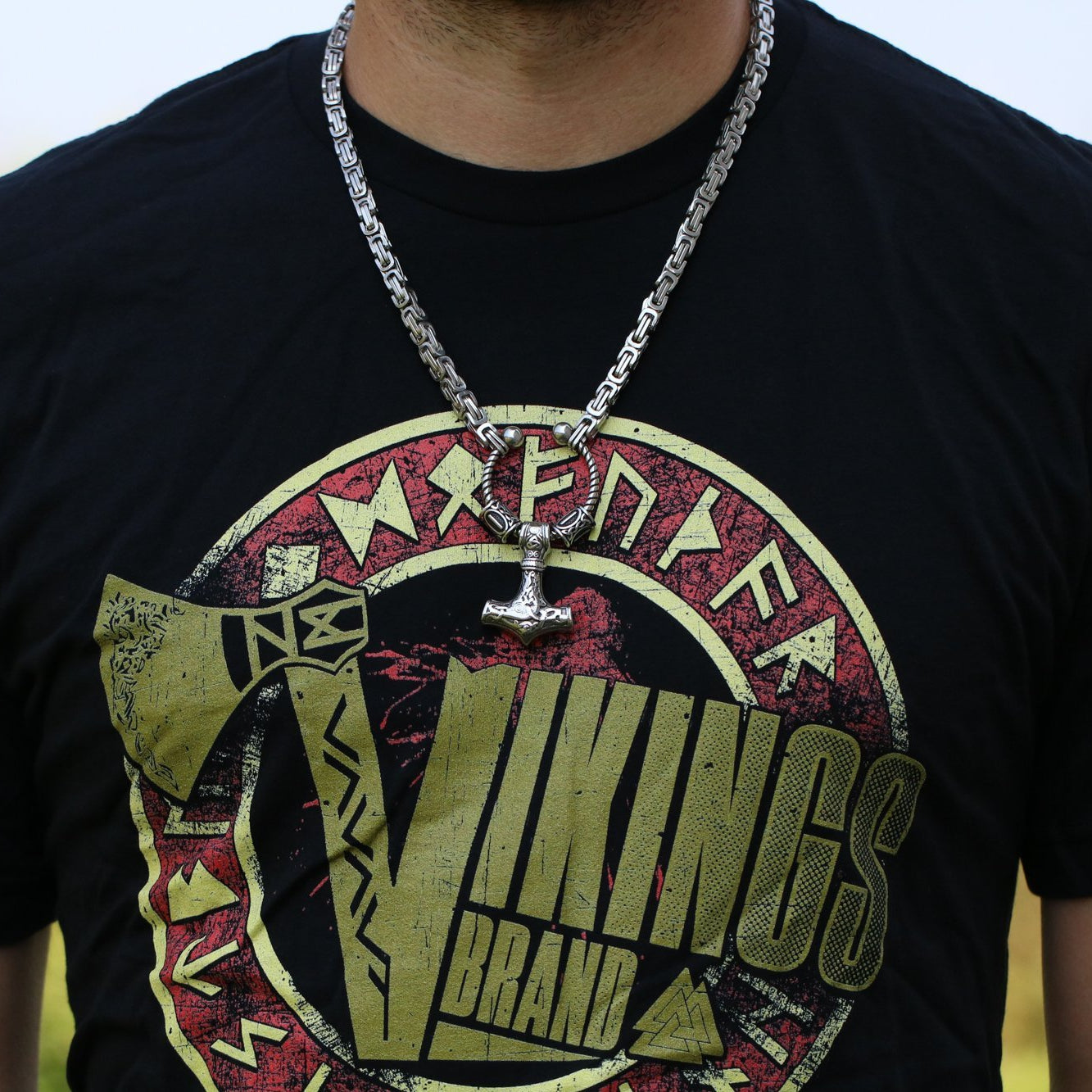 Viking King Chain Necklace with Mjolnir and Two Runic Beads - VikingsBrand