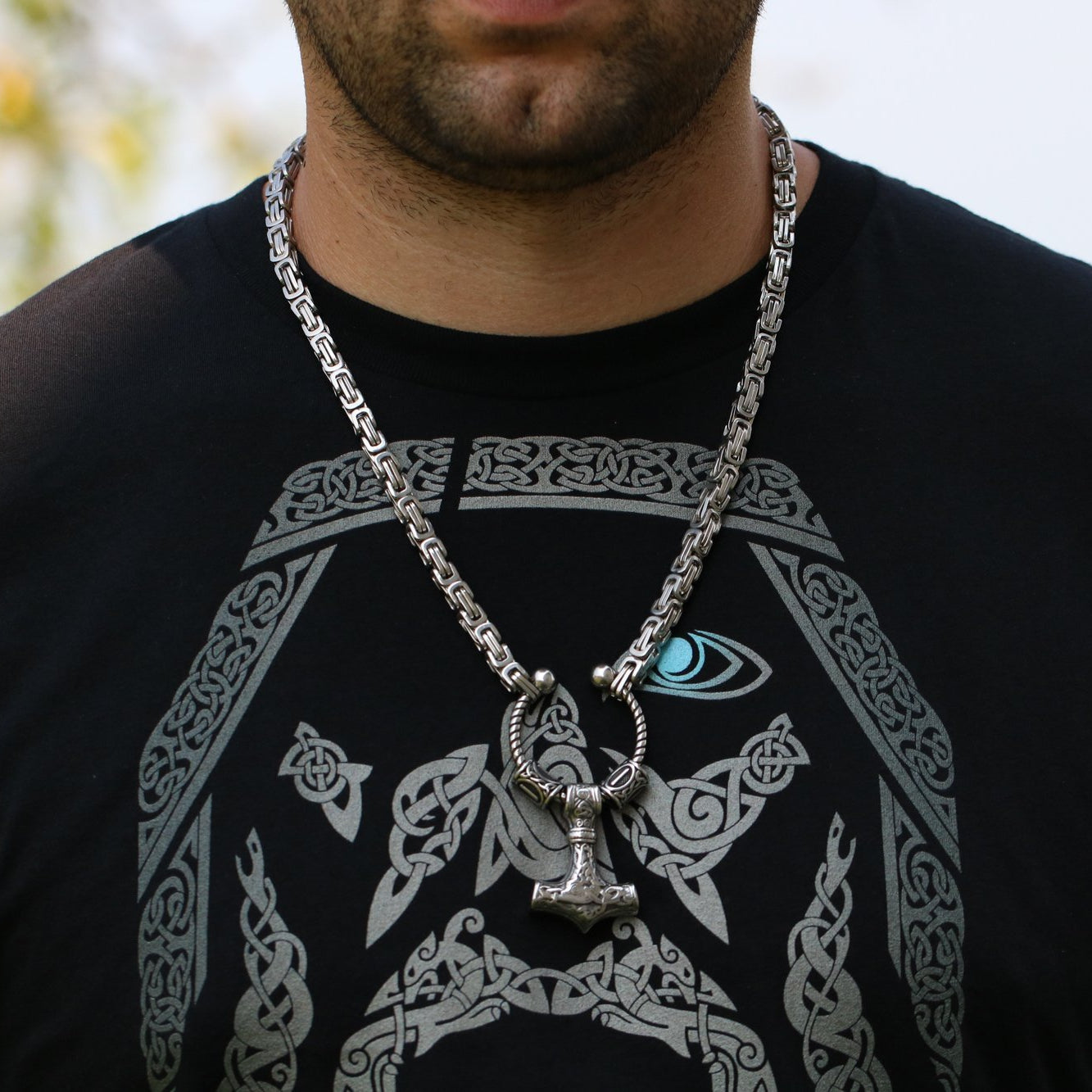 Viking King Chain Necklace with Mjolnir and Two Runic Beads - VikingsBrand