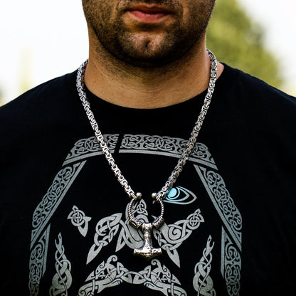 Viking King Chain Necklace with Mjolnir and Two Runic Beads - VikingsBrand
