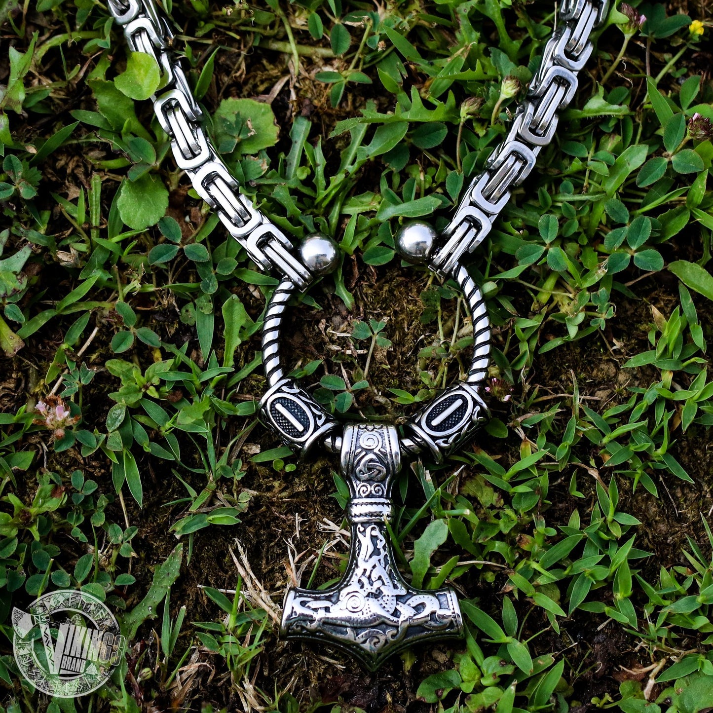 Viking King Chain Necklace with Mjolnir and Two Runic Beads - VikingsBrand