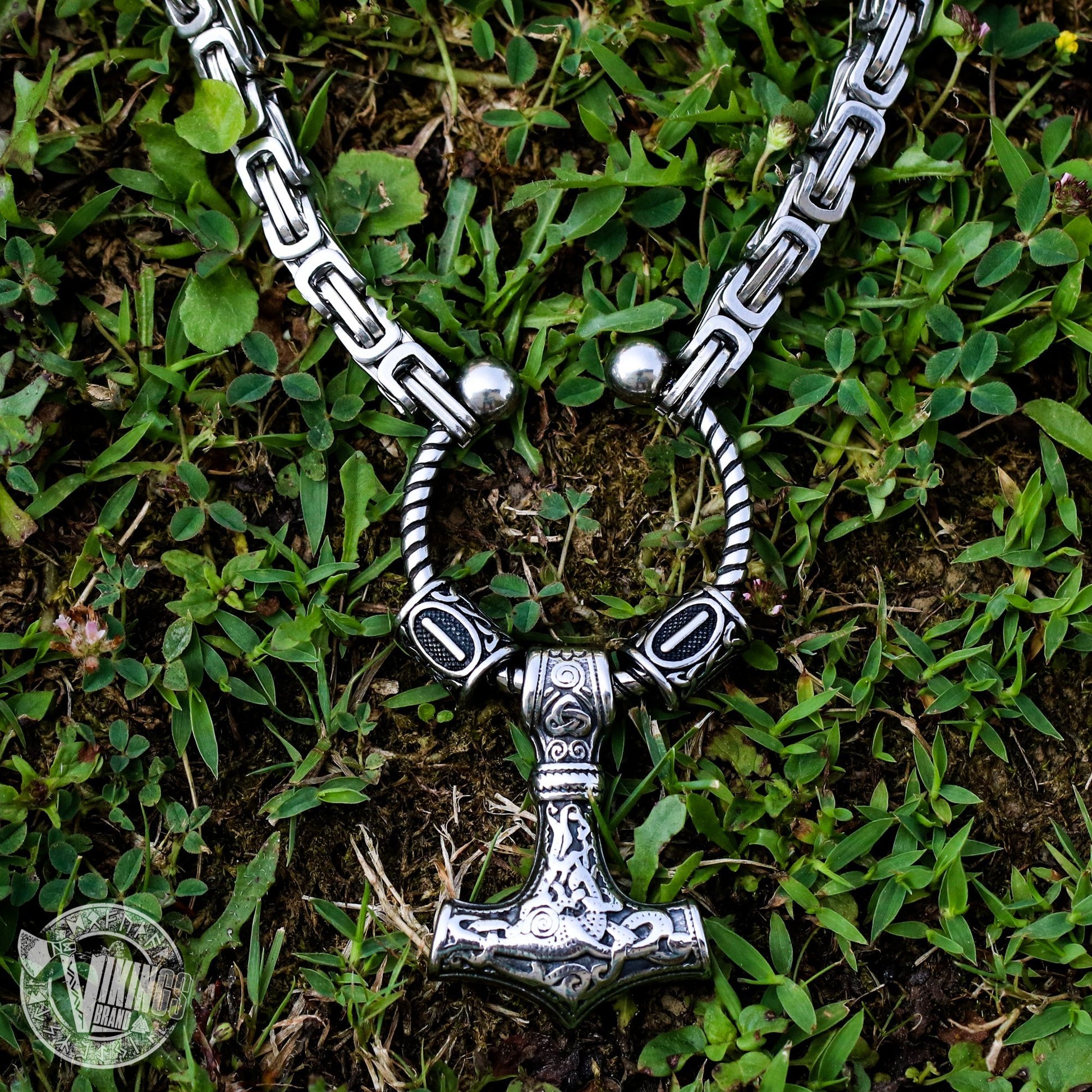 Viking King Chain Necklace with Mjolnir and Two Runic Beads - VikingsBrand