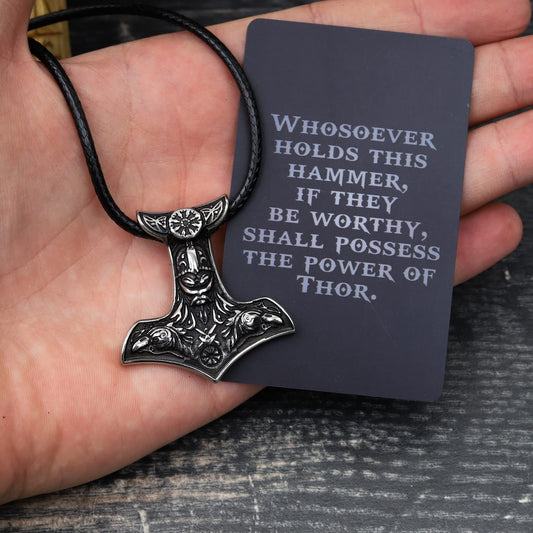Viking Necklace Jewelry Pendant for Men - Thor Hammer Necklace - Vintage Nordic Viking Amulet Chain Necklace, Viking Gifts for Men