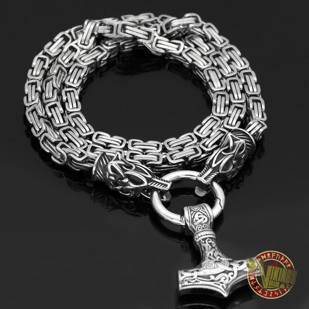 Viking Necklace with Wolf Heads and Mjolnir