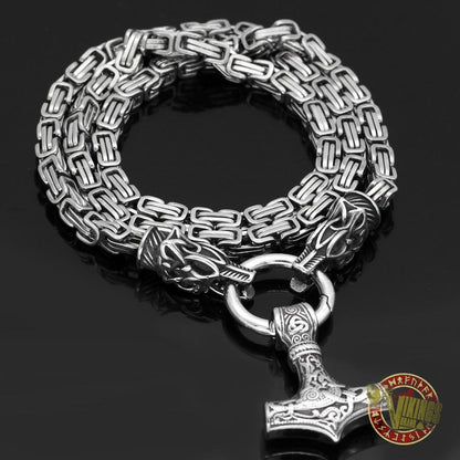 Viking Necklace with Wolf Heads and Mjolnir