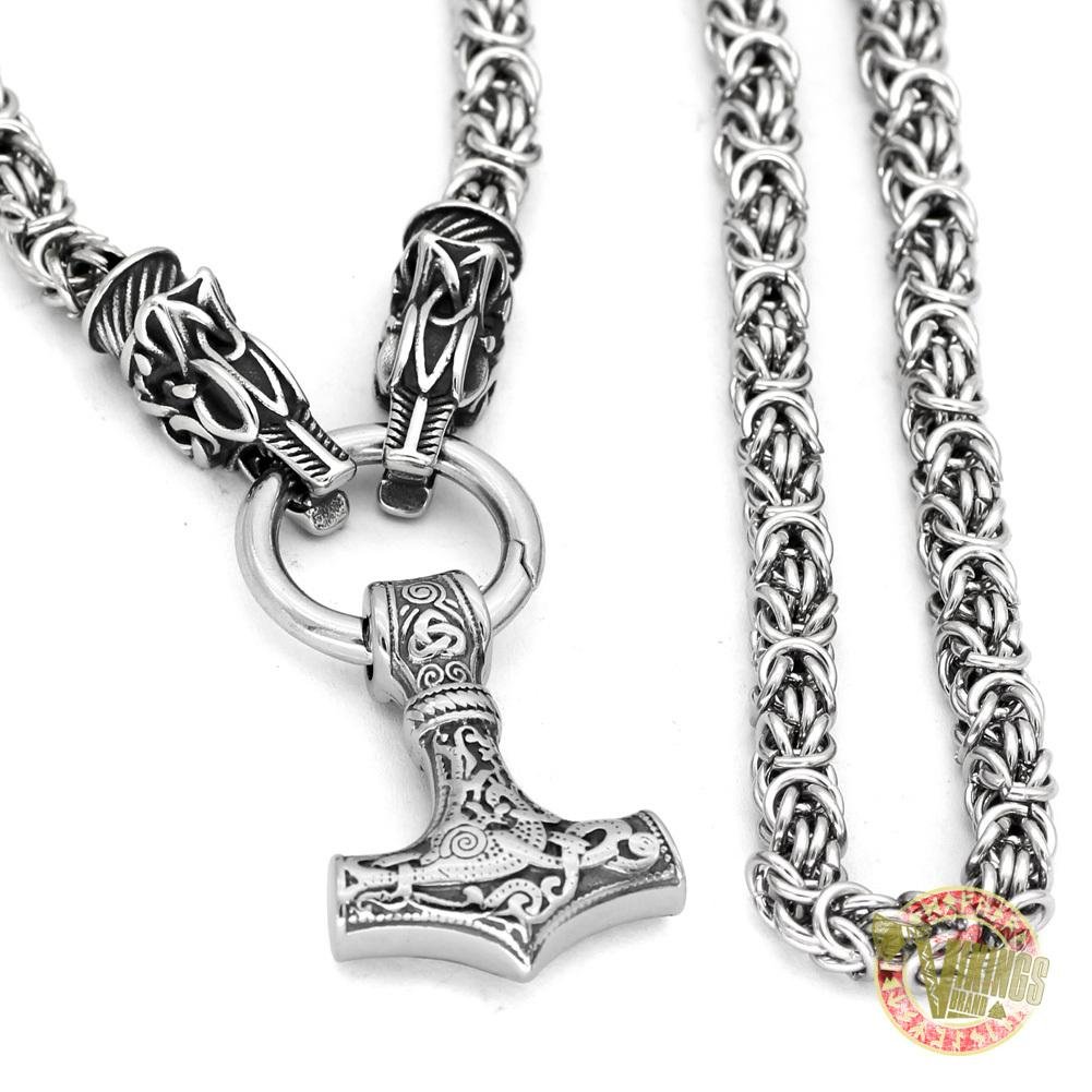 Viking Necklace with Wolf Heads and Mjolnir