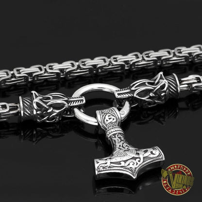 Viking Necklace with Wolf Heads and Mjolnir