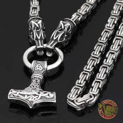 Viking Necklace with Wolf Heads and Mjolnir