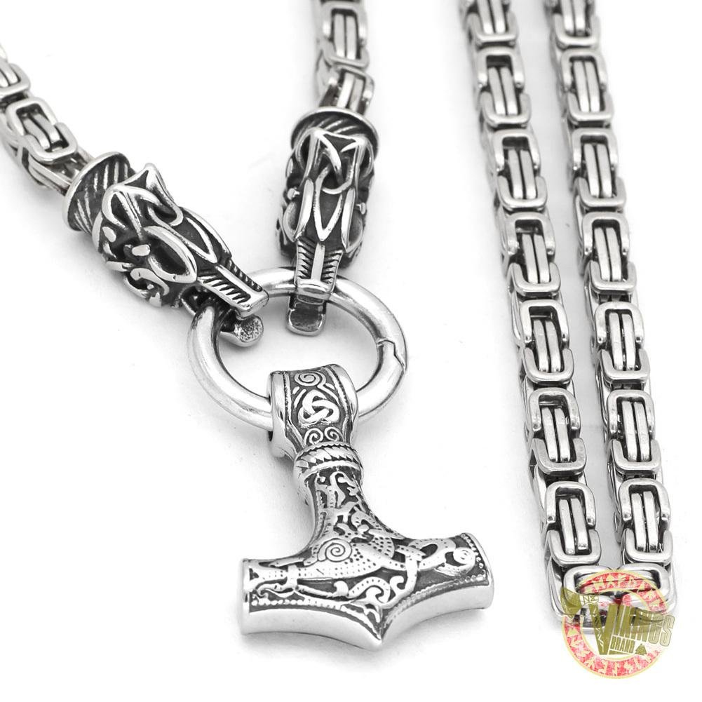 Viking Necklace with Wolf Heads and Mjolnir