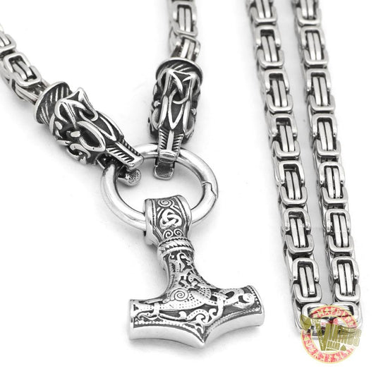 Viking Necklace with Wolf Heads and Mjolnir