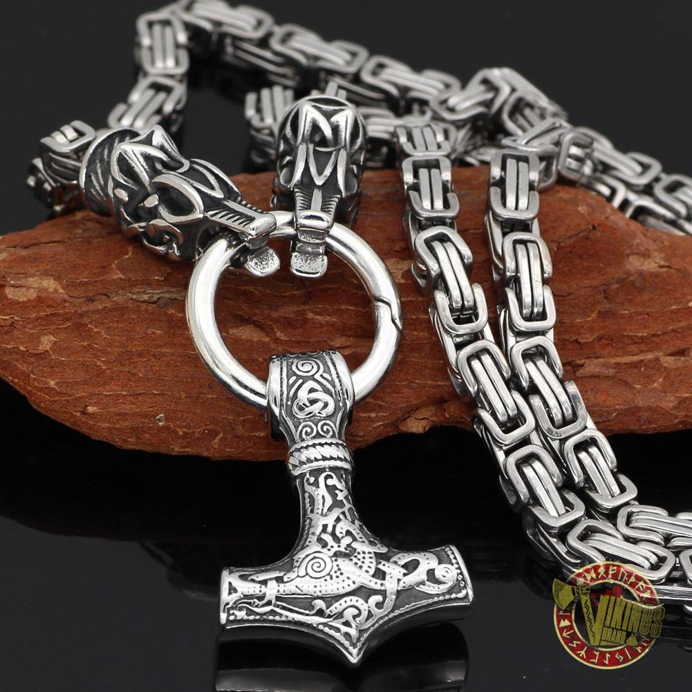 Viking Necklace with Wolf Heads and Mjolnir
