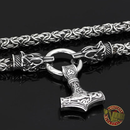 Viking Necklace with Wolf Heads and Mjolnir