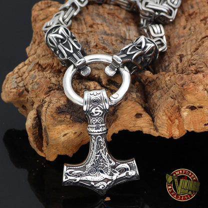 Viking Necklace with Wolf Heads and Mjolnir