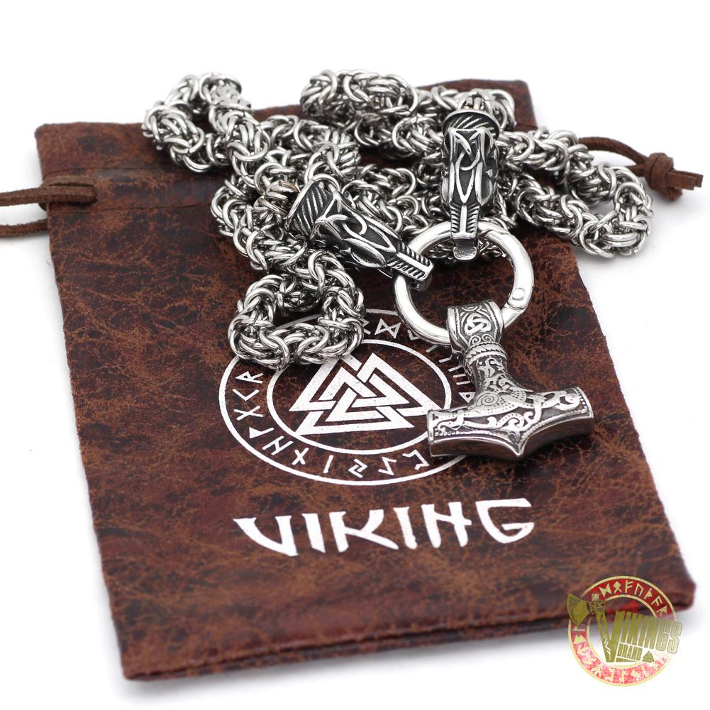 Viking Necklace with Wolf Heads and Mjolnir