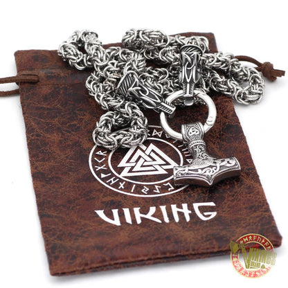Viking Necklace with Wolf Heads and Mjolnir