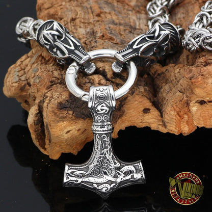 Viking Necklace with Wolf Heads and Mjolnir
