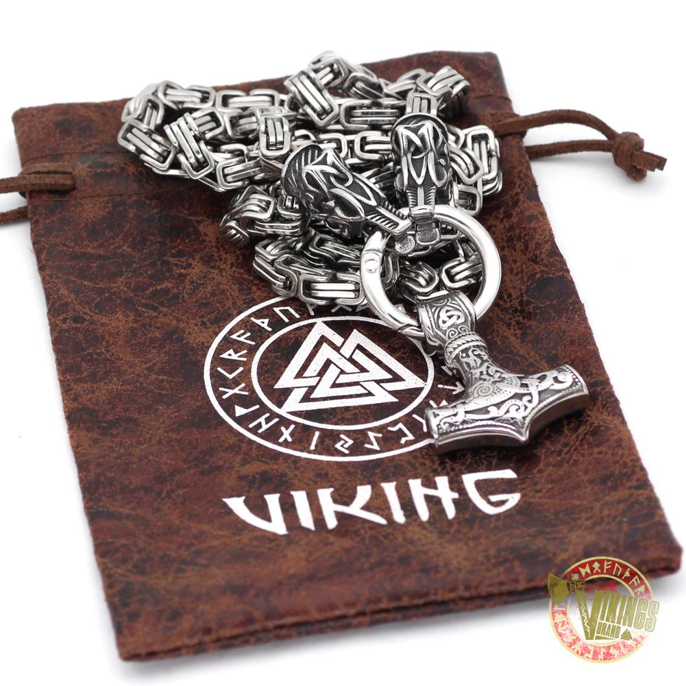 Viking Necklace with Wolf Heads and Mjolnir