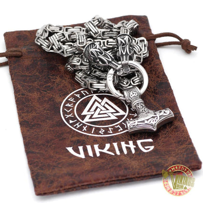 Viking Necklace with Wolf Heads and Mjolnir