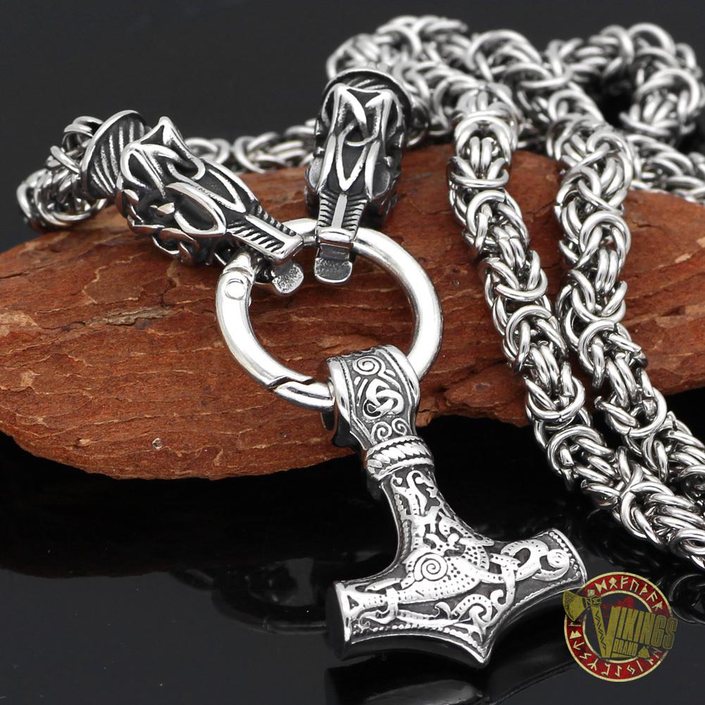 Viking Necklace with Wolf Heads and Mjolnir