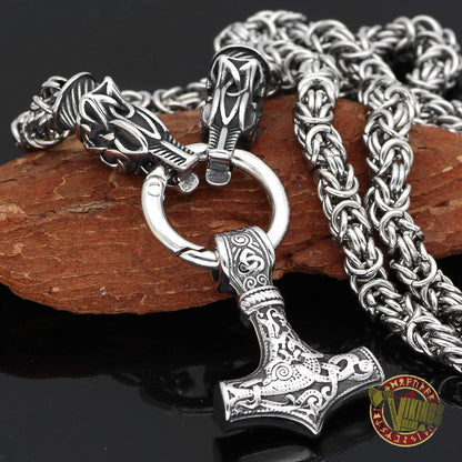 Viking Necklace with Wolf Heads and Mjolnir