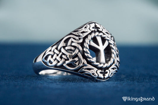 Viking Ornament Ring with Algiz Rune Sterling Silver Jewelry
