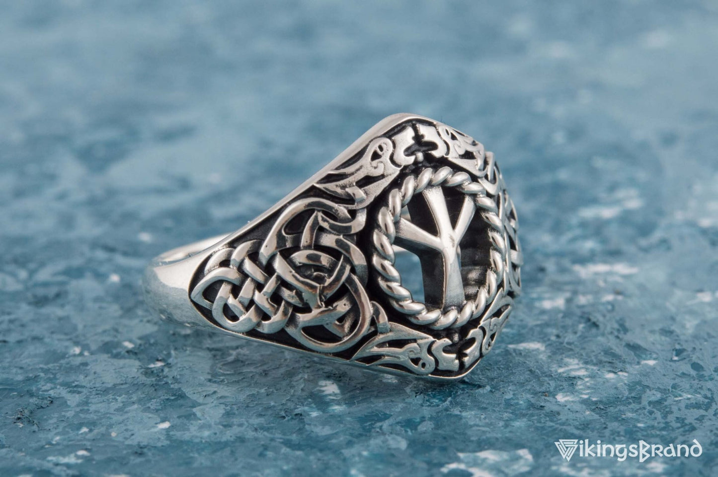 Viking Ornament Ring with Algiz Rune Sterling Silver Jewelry